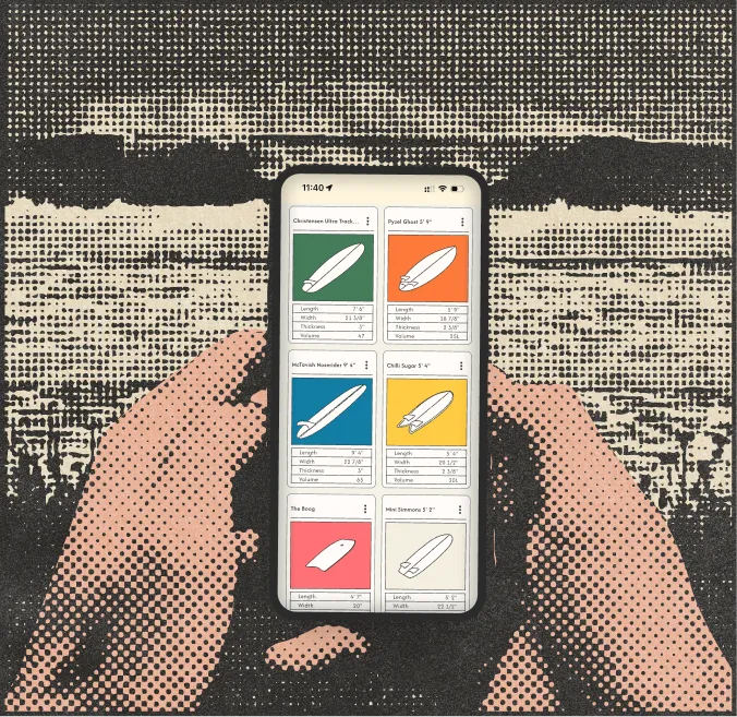 Hands holding a phone showing Swell Scope's surfboard cards